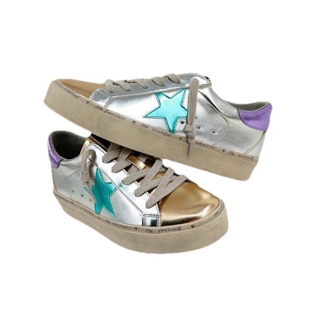 SHU SHOP Petula Platform Sneakers Metallic Silver Gold Stars Vegan Leather Sz 8